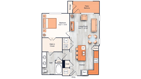 Floor plan for 1 bed, 1 bath, 827 sqft